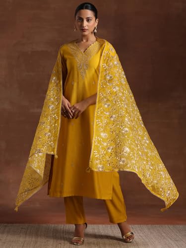 Libas Womens Embroidered Silk Blend Straight Kurta With Trousers and Dupatta - Authentic Libas Clothing | UrbanThreads - Image 4