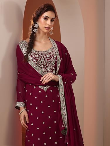 Libas Art Womens Embroidered Georgette Straight Kurta With Palazzos and Dupatta - Authentic Libas Clothing | UrbanThreads - Image 5