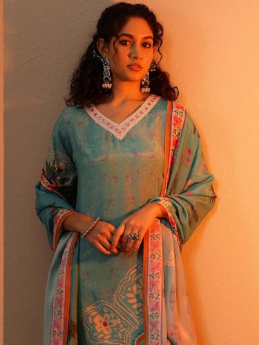 Libas Turquoise Blue Muslin Printed Kurta sets for Women - Authentic Libas Clothing | UrbanThreads - Image 3
