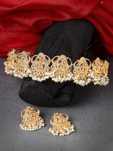 Sukkhi South Indian Temple Gold Plated White Beaded Necklace Set - Image 4