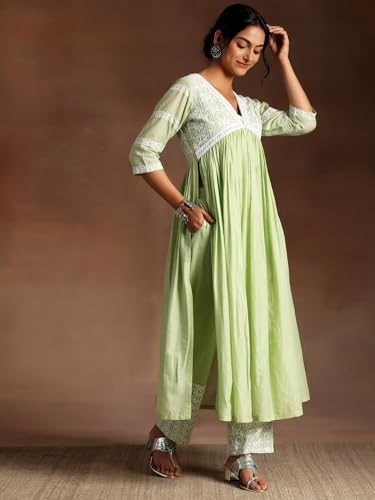 Libas Womens Embroidered Cotton A-Line Kurta With Palazzos and Dupatta - Authentic Libas Clothing | UrbanThreads - Image 4