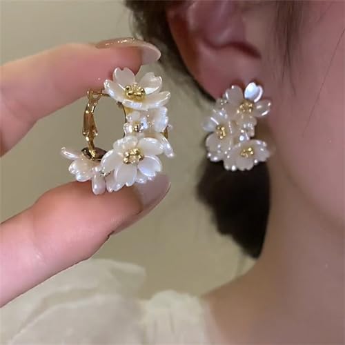 Shining Diva White Flower Hoop Earrings Shell Resin - Image 5