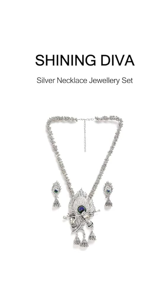 Shining Diva Oxidised Silver Necklace Jewellery Set - Image 3