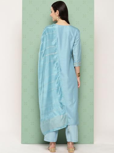 Libas Womens Woven Design Silk Blend Straight Kurta With Trousers and Dupatta - Authentic Libas Clothing | UrbanThreads - Image 4