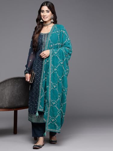 Libas Womens Embroidered Georgette Straight Kurta With Trousers and Dupatta - Authentic Libas Clothing | UrbanThreads - Image 5