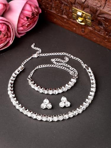 Sukkhi Rhodium Plated Choker Necklace Set with Studs Earrings - Image 4