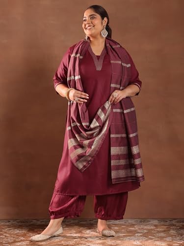 Extra Love By Libas Plus Size Womens Woven Design Cotton Blend Straight Kurta With Salwar and Dupatt - Authentic Extra Clothing | UrbanThreads - Image 3