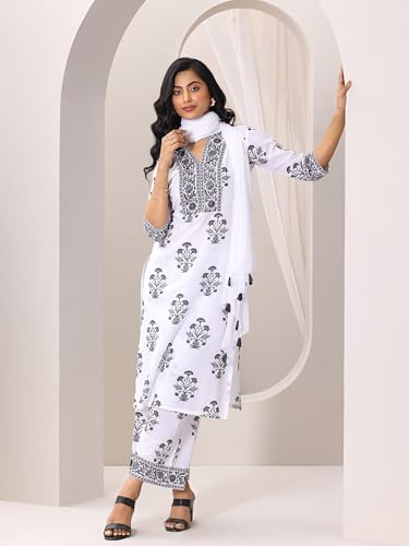 Libas Womens Printed Cotton Straight Kurta with Trousers and Dupatta - Authentic Libas Clothing | UrbanThreads - Image 4