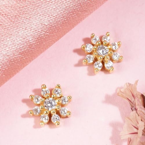 ZAVYA 925 Sterling Silver Cubic Zirconia Floral Gold Plating Stud Earrings | | Gift for Women and Gi - Authentic ZAVYA Accessories | UrbanThreads - Image 4