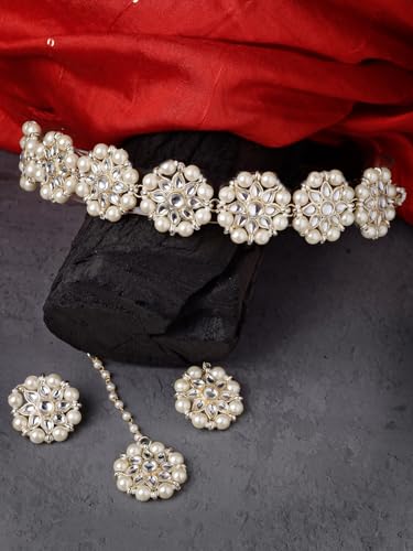 Sukkhi White Floral Gold Plated Choker Necklace Set - Image 4