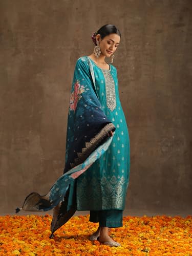 Libas Womens Self Design Silk Straight Kurta With Trousers and Dupatta - Authentic Libas Clothing | UrbanThreads - Image 4