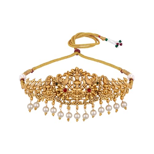 Shining Diva 22k Gold Plated Temple Necklace Set with Pearls - Image 4