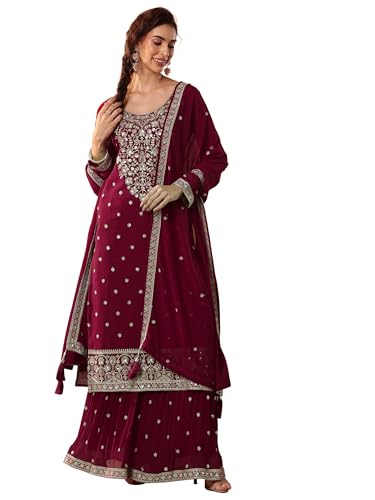 Libas Art Womens Embroidered Georgette Straight Kurta With Palazzos and Dupatta - Authentic Libas Clothing | UrbanThreads - Image 2