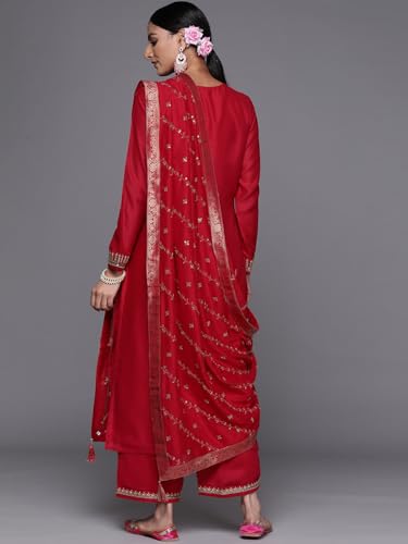 Libas Womens Embroidered Silk Blend Straight Kurta With Palazzos and Dupatta - Authentic Libas Clothing | UrbanThreads - Image 4