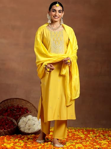 Libas Gerua Womens Embroidered Silk Blend Straight Kurta With Trousers and Dupatta - Authentic Libas Clothing | UrbanThreads - Image 4