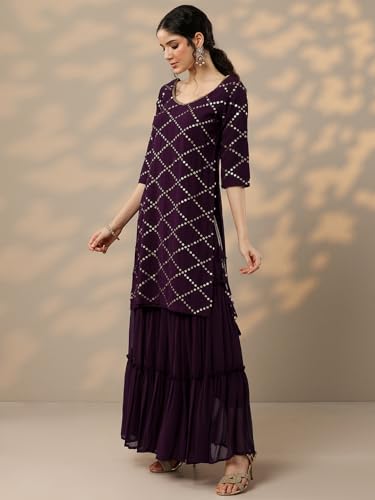 Libas Women's Embroidered Poly Georgette Straight Kurta With Sharara & Dupatta - Authentic Libas Clothing | UrbanThreads - Image 3