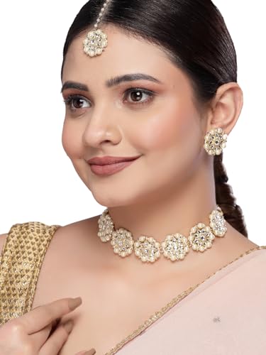 Sukkhi White Floral Gold Plated Choker Necklace Set - Image 3