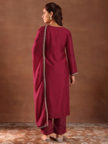 Libas Womens Embroidered Silk Blend Straight Kurta With Trousers and Dupatta - Authentic Libas Clothing | UrbanThreads - Image 4