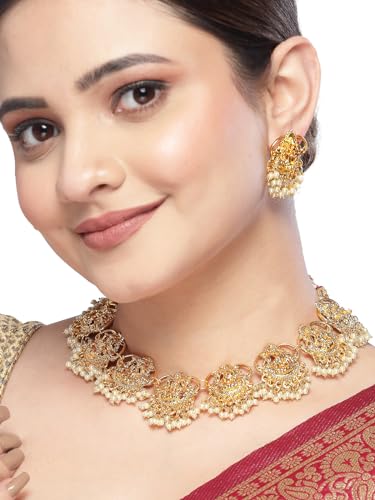 Sukkhi South Indian Temple Gold Plated White Beaded Necklace Set - Image 3