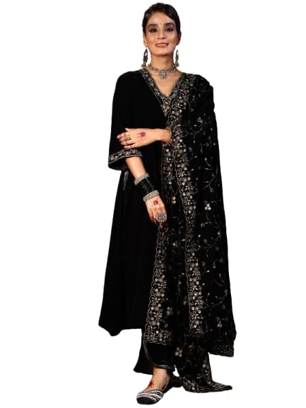 Libas Womens Embellished Velvet A-Line Kurta With Trousers and Dupatta - Authentic Libas Clothing | UrbanThreads - Image 2