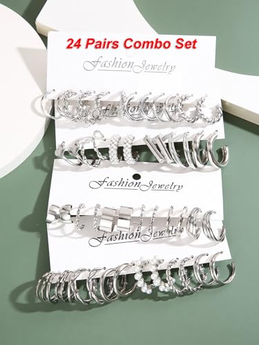 Shining Diva 24 Pairs Silver Plated Geometric Earrings - Image 5