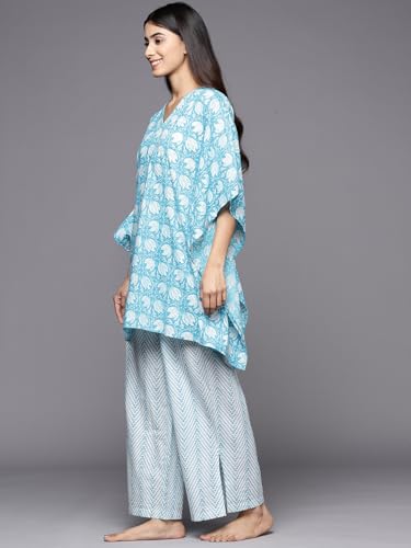 Libas Womens Printed Cotton Night Suit Set for Women Turquoise Blue - Authentic Libas Clothing | UrbanThreads - Image 4