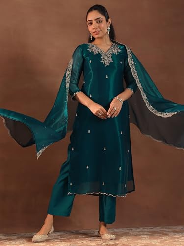 Libas Womens Yoke Design Silk Blend Straight Kurta With Trousers and Dupatta - Authentic Libas Clothing | UrbanThreads - Image 3