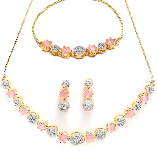 ZENEME Gold Plated Red & White American Diamond Necklace Set - Image 2