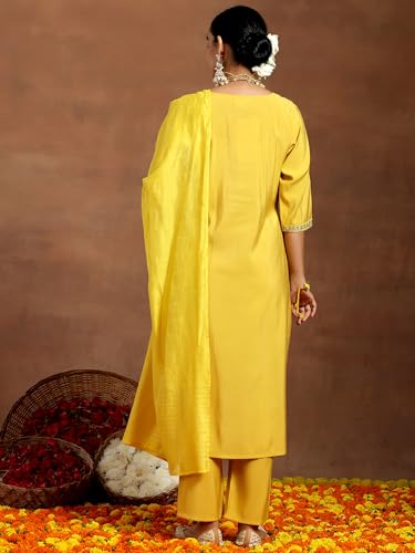 Libas Gerua Womens Embroidered Silk Blend Straight Kurta With Trousers and Dupatta - Authentic Libas Clothing | UrbanThreads - Image 5