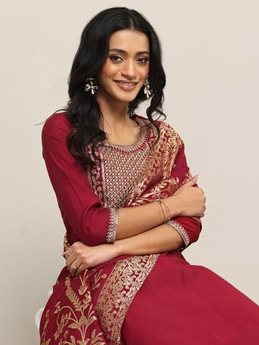 Libas Women's Yoke Design Silk Blend Straight Kurta Trouser with Dupatta Set - Authentic Libas Clothing | UrbanThreads - Image 3