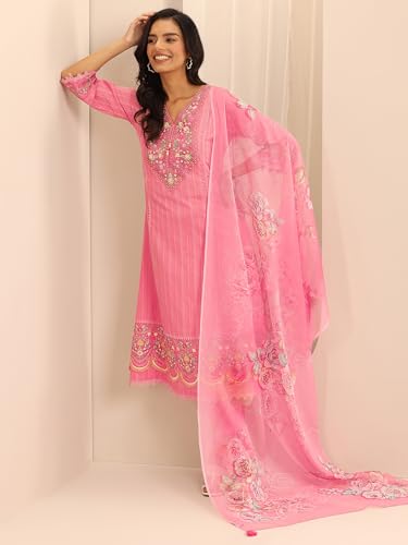 Embroidered Cotton Kurta Set - Libas A-Line Suit with Dupatta - Image 4