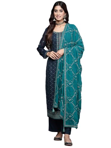 Libas Womens Embroidered Georgette Straight Kurta With Trousers and Dupatta - Authentic Libas Clothing | UrbanThreads - Image 2