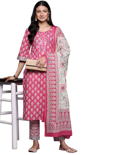 Libas Womens Printed Cotton Straight Kurta With Trousers and Dupatta - Authentic Libas Clothing | UrbanThreads - Image 2