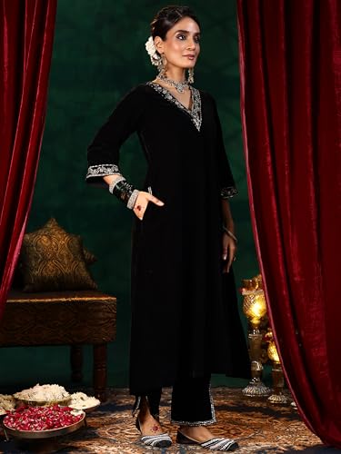 Libas Womens Embellished Velvet A-Line Kurta With Trousers and Dupatta - Authentic Libas Clothing | UrbanThreads - Image 4