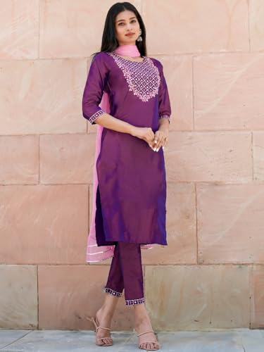 Libas Womens Embroidered Silk Blend Straight Kurta With Trousers and Dupatta - Authentic Libas Clothing | UrbanThreads - Image 5
