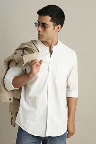 Peter England Classic Striped Cotton Mandarin Collar Shirt Men - Image 5