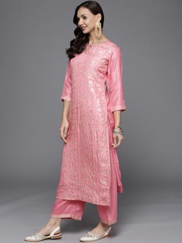 Libas Womens Woven Design Silk Blend Straight Kurta With Palazzos and Dupatta - Authentic Libas Clothing | UrbanThreads - Image 3