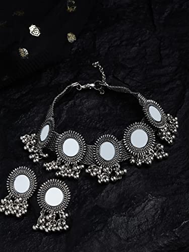 Shining Diva Oxidised Silver Tribal Choker Necklace Set for Women - Image 5