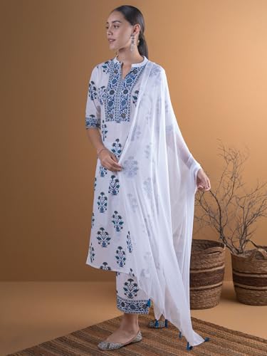 Libas Womens Printed Cotton Straight Kurta With Palazzos and Dupatta - Authentic Libas Clothing | UrbanThreads - Image 4