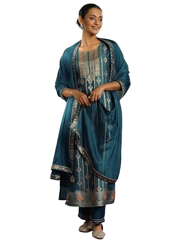Libas Blue Silk Blend Woven Kurta Set | Festive Indian Suit - Image 2