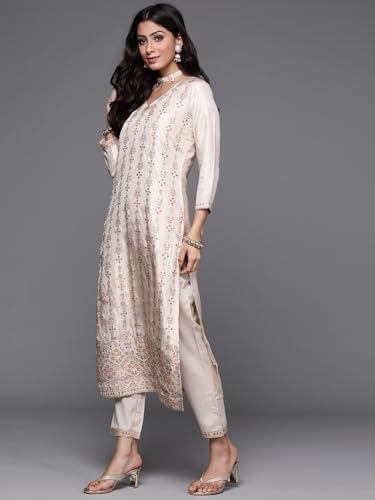 Libas Womens Woven Design Silk Blend Straight Kurta With Trousers and Dupatta - Authentic Libas Clothing | UrbanThreads - Image 4