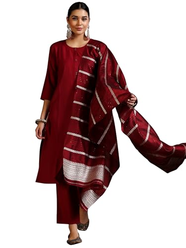 Libas Womens Woven Design Cotton Blend Straight Kurta With Trousers and Dupatta - Authentic Libas Clothing | UrbanThreads - Image 2