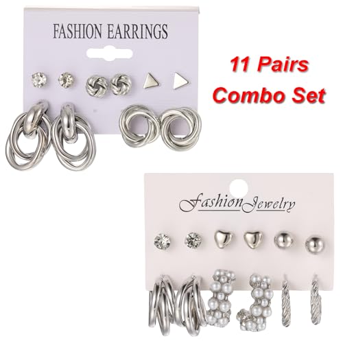 Shining Diva 11 Pairs Gold Plated Geometric Earrings Set - Image 5