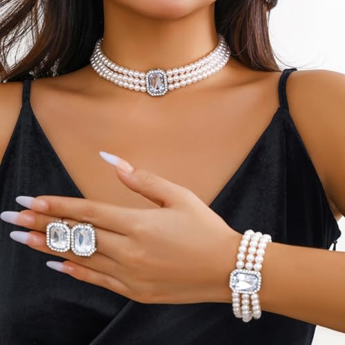 UrbanThreads Crystal Pearl Jewellery Set Necklace Earrings Bracelet - Image 4