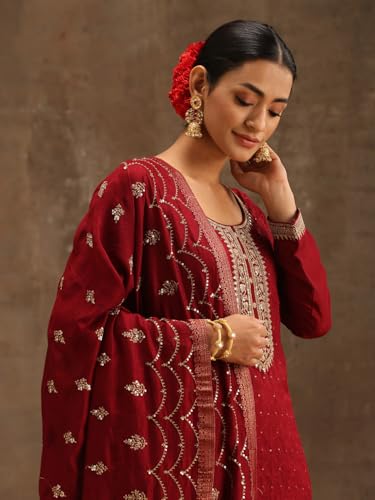 Libas Womens Embroidered Silk Blend Straight Kurta With Trousers and Dupatta - Authentic Libas Clothing | UrbanThreads - Image 5