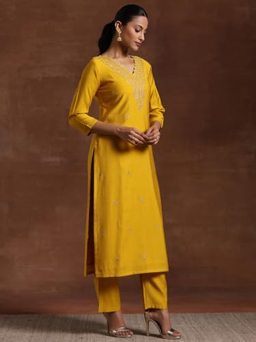 Libas Womens Embroidered Silk Blend Straight Kurta With Trousers and Dupatta - Authentic Libas Clothing | UrbanThreads - Image 5