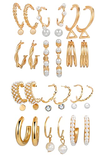 Shining Diva 18-Pair Earring Set Gold Hoops Pearl Studs - Image 2