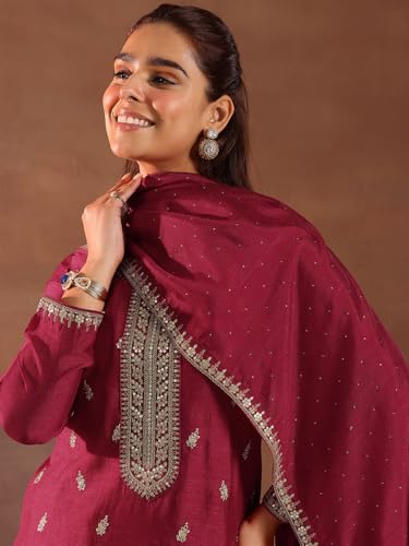 Libas Womens Embroidered Silk Blend Straight Kurta With Trousers and Dupatta - Authentic Libas Clothing | UrbanThreads - Image 5