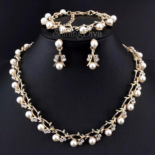 Shining Diva 18k Gold Plated Pearl Necklace Earrings Bracelet - Image 4