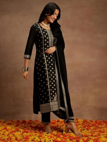 Libas Womens Woven Design Silk Blend Straight Kurta With Trousers and Dupatta - Authentic Libas Clothing | UrbanThreads - Image 3